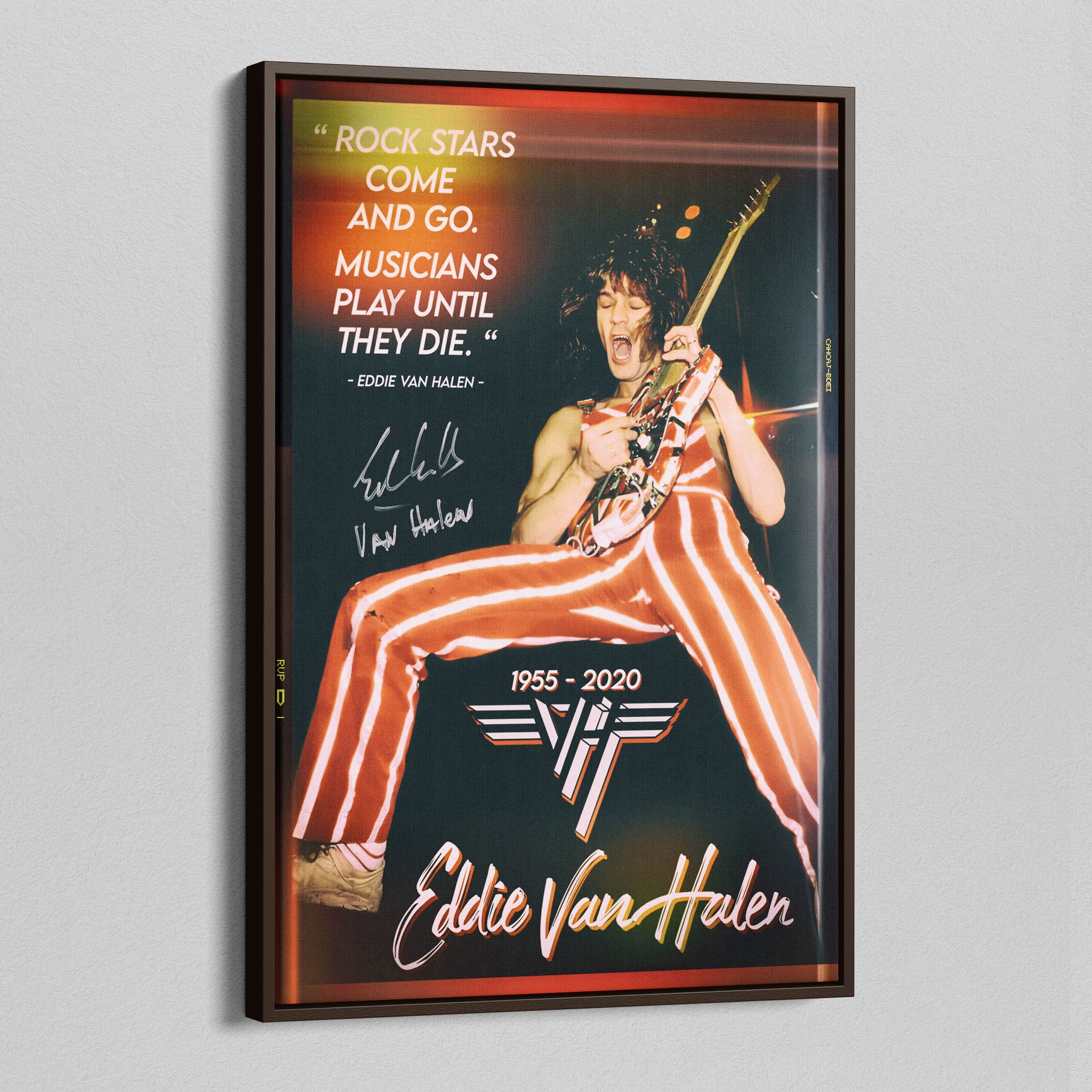 Angled view of the Eddie Van Halen 1982 color canvas in a sophisticated dark walnut floating frame.