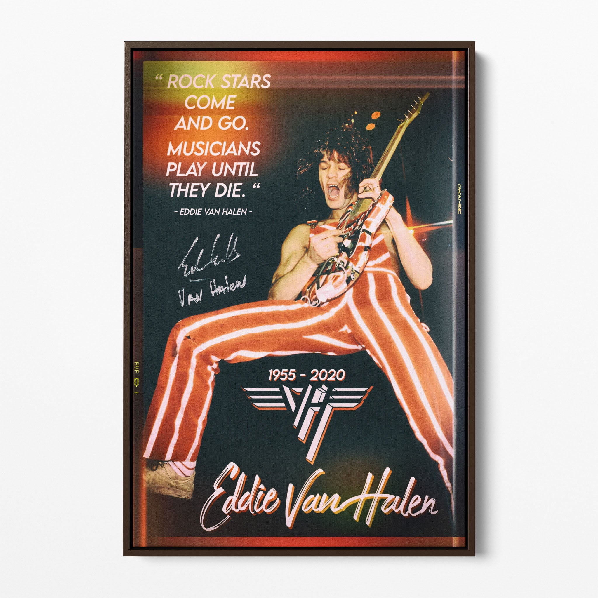 Front display of the Eddie Van Halen 1982 color canvas in a premium dark walnut floating frame.