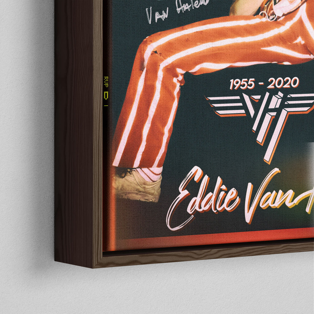 Corner close-up showing the rich grain and joinery of the dark walnut floating canvas frame.