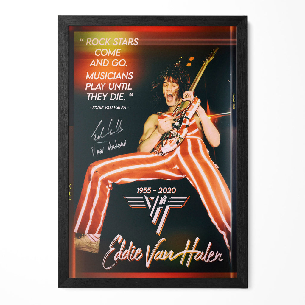 Eddie Van Halen 1982 Chicago color concert poster in a premium classic black wooden frame by POSTEREVER.