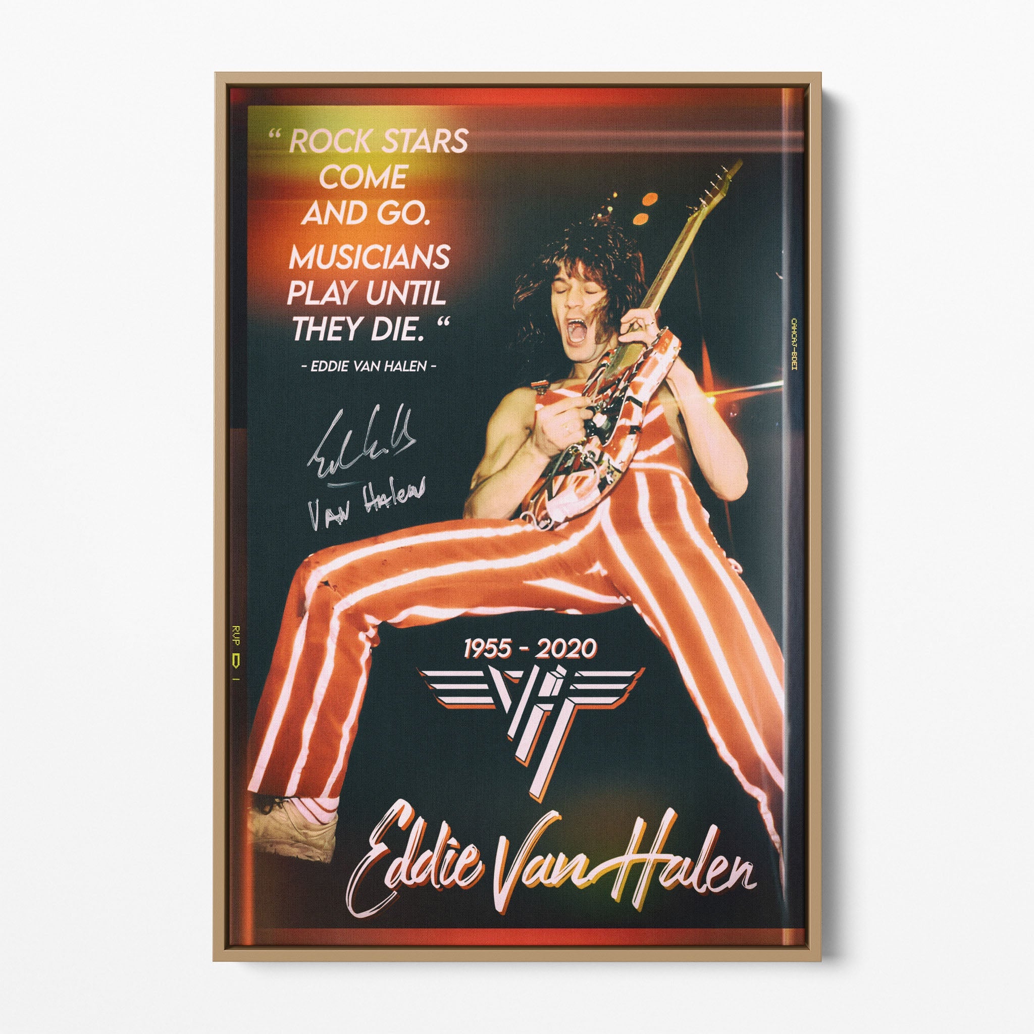Front display of the Eddie Van Halen 1982 color canvas in a premium natural wood floating frame.