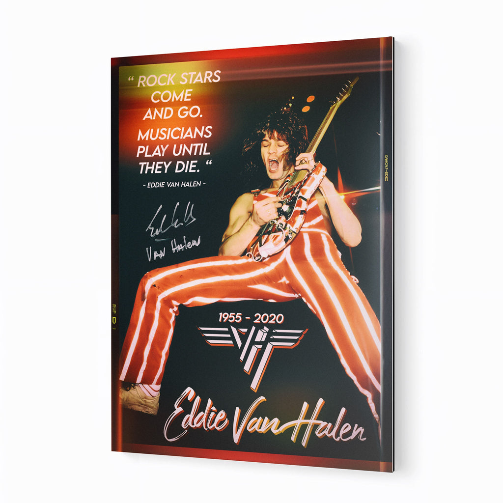 Premium color metal print of Eddie Van Halen at the 1982 Chicago UIC Pavilion on an industrial-grade aluminum panel.