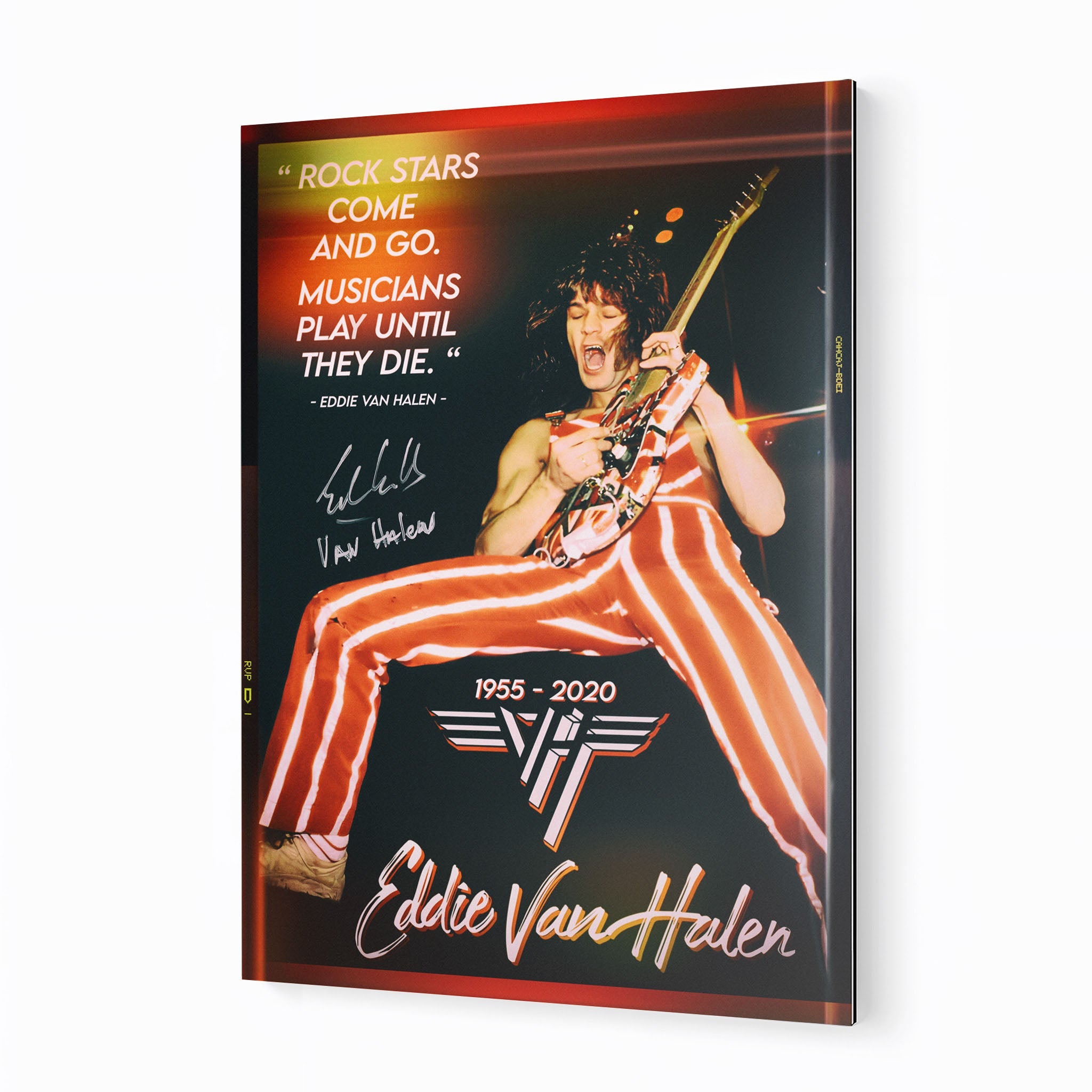 Premium color metal print of Eddie Van Halen at the 1982 Chicago UIC Pavilion on an industrial-grade aluminum panel.