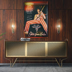 Sleek aluminum color metal print of Eddie Van Halen displayed over a mid-century modern credenza.