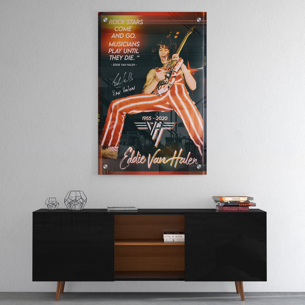 High-gloss acrylic glass color print of Eddie Van Halen displayed above a contemporary console.