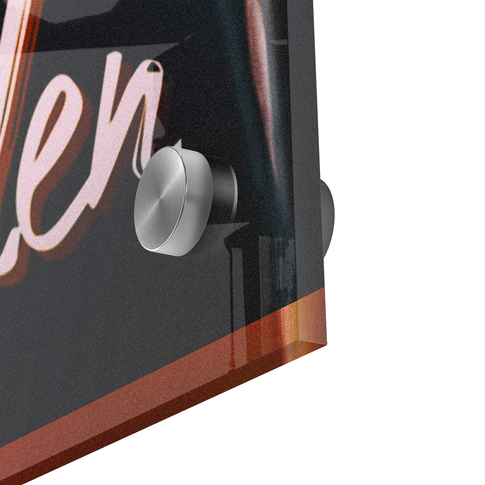 Macro close-up of the depth effect and stainless steel standoff mount of the acrylic Eddie Van Halen print.