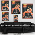 Eddie Van Halen 1982 Chicago color wall art size comparison chart shown above an average 90-inch three-seater sofa.