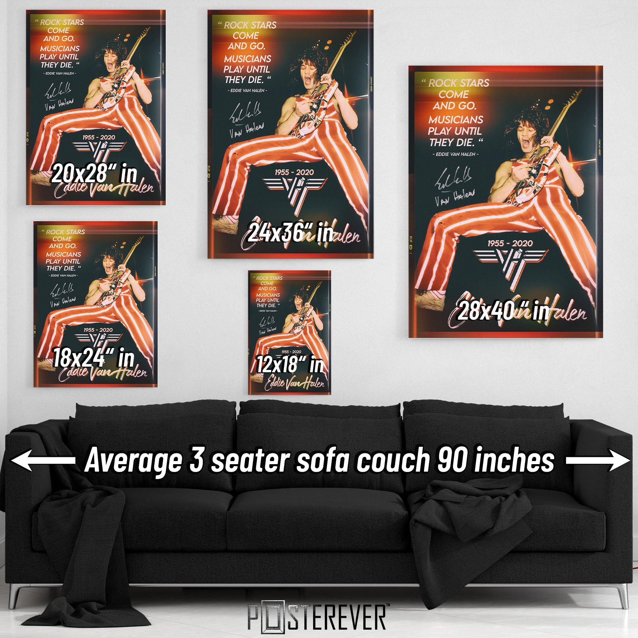 Eddie Van Halen 1982 Chicago color wall art size comparison chart shown above an average 90-inch three-seater sofa.