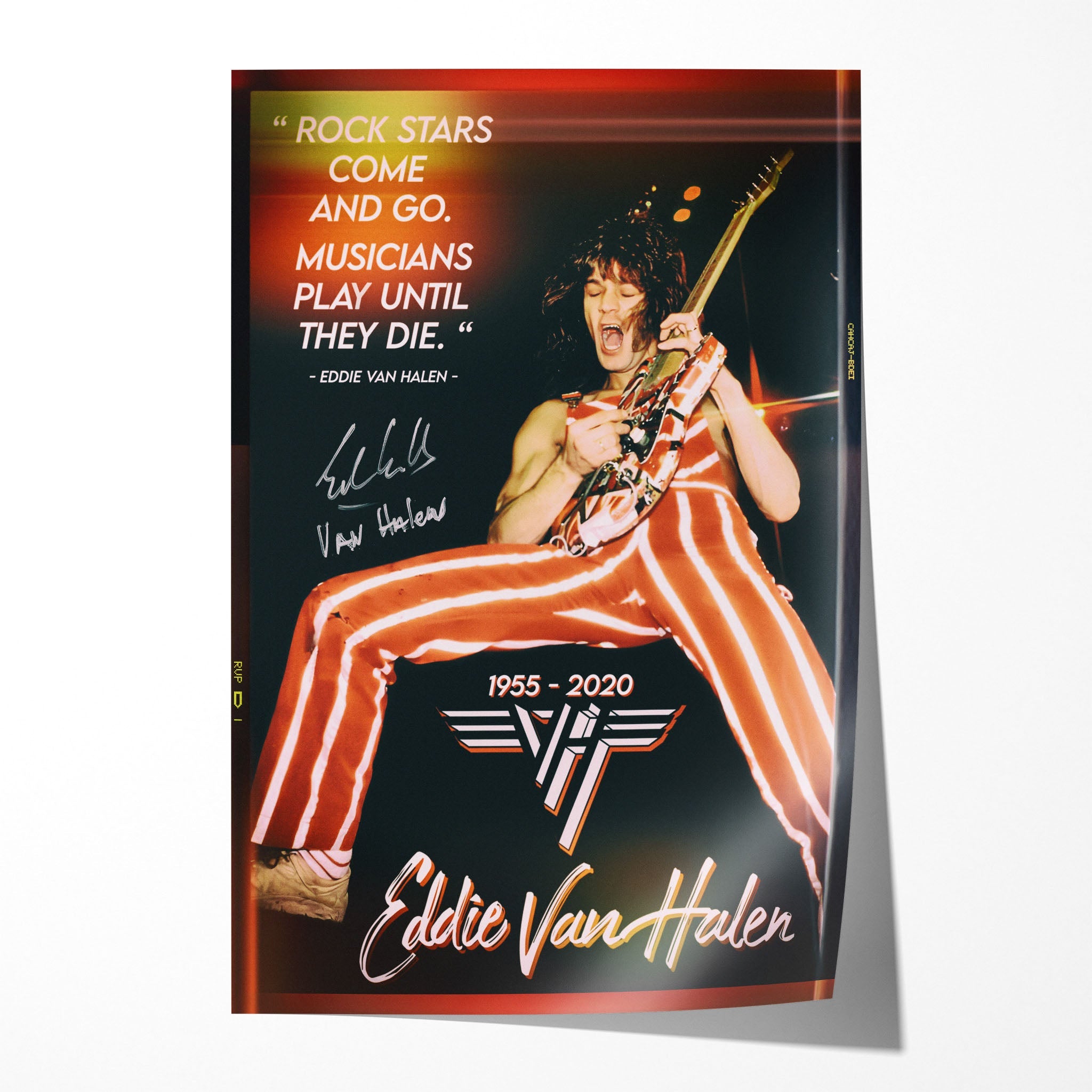 Unframed Eddie Van Halen 1982 Chicago UIC Pavilion concert poster print showing the red and white striped Frankenstrat under the spotlight.