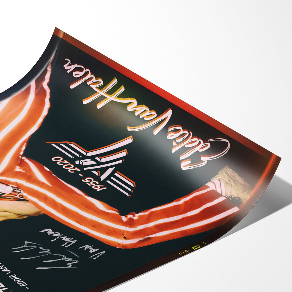 Angled close-up of the unframed premium matte Eddie Van Halen 1982 Chicago color poster print.