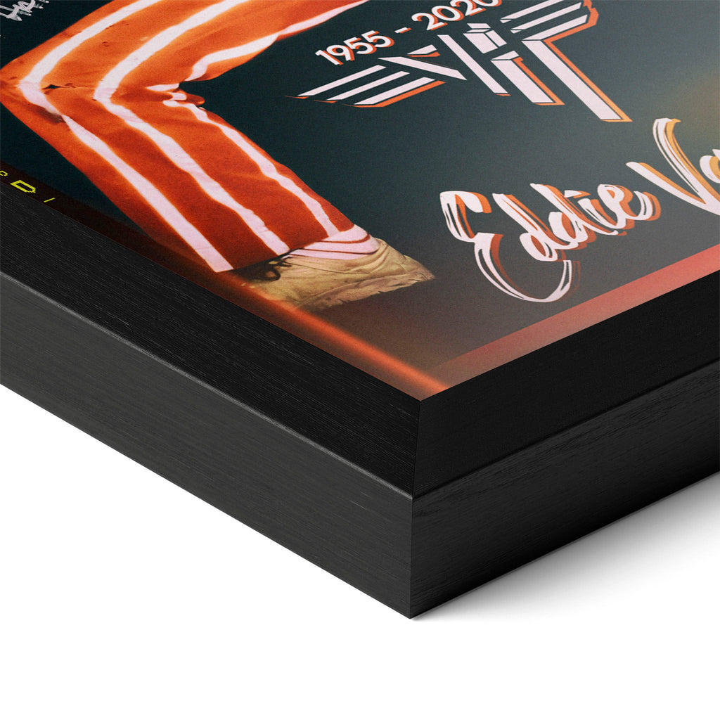 Detailed corner close-up of the premium black wooden frame holding the Eddie Van Halen 1982 color rock poster.