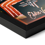Detailed corner close-up of the premium black wooden frame holding the Eddie Van Halen 1982 color rock poster.