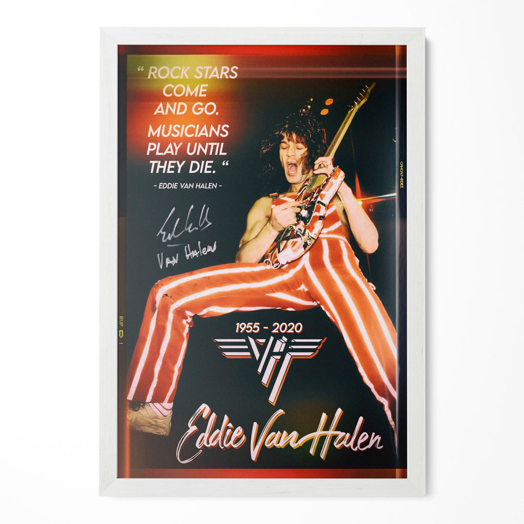 Eddie Van Halen 1982 Chicago color poster in a modern minimalist white wooden frame by POSTEREVER.