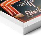 Corner close-up revealing the clean wood grain of the white framed Eddie Van Halen 1982 color art print.
