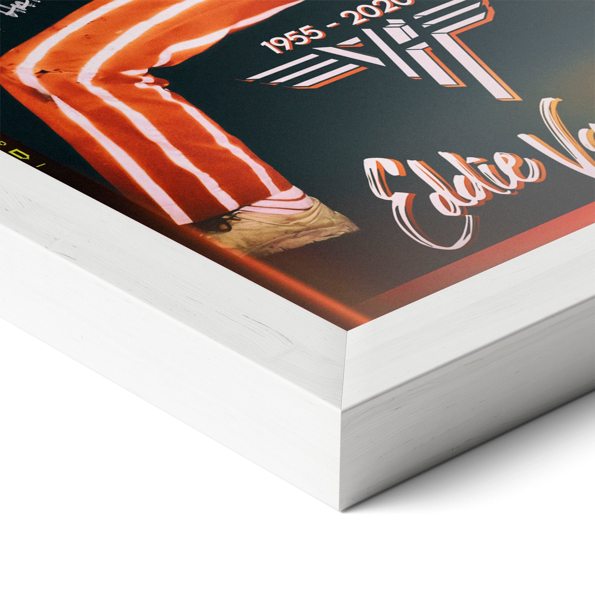 Corner close-up revealing the clean wood grain of the white framed Eddie Van Halen 1982 color art print.