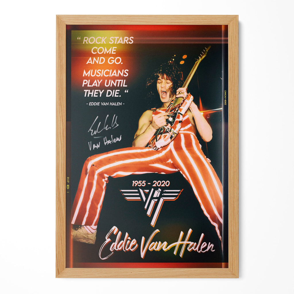 Eddie Van Halen 1982 live color guitar poster in a premium natural oak wood frame by POSTEREVER.