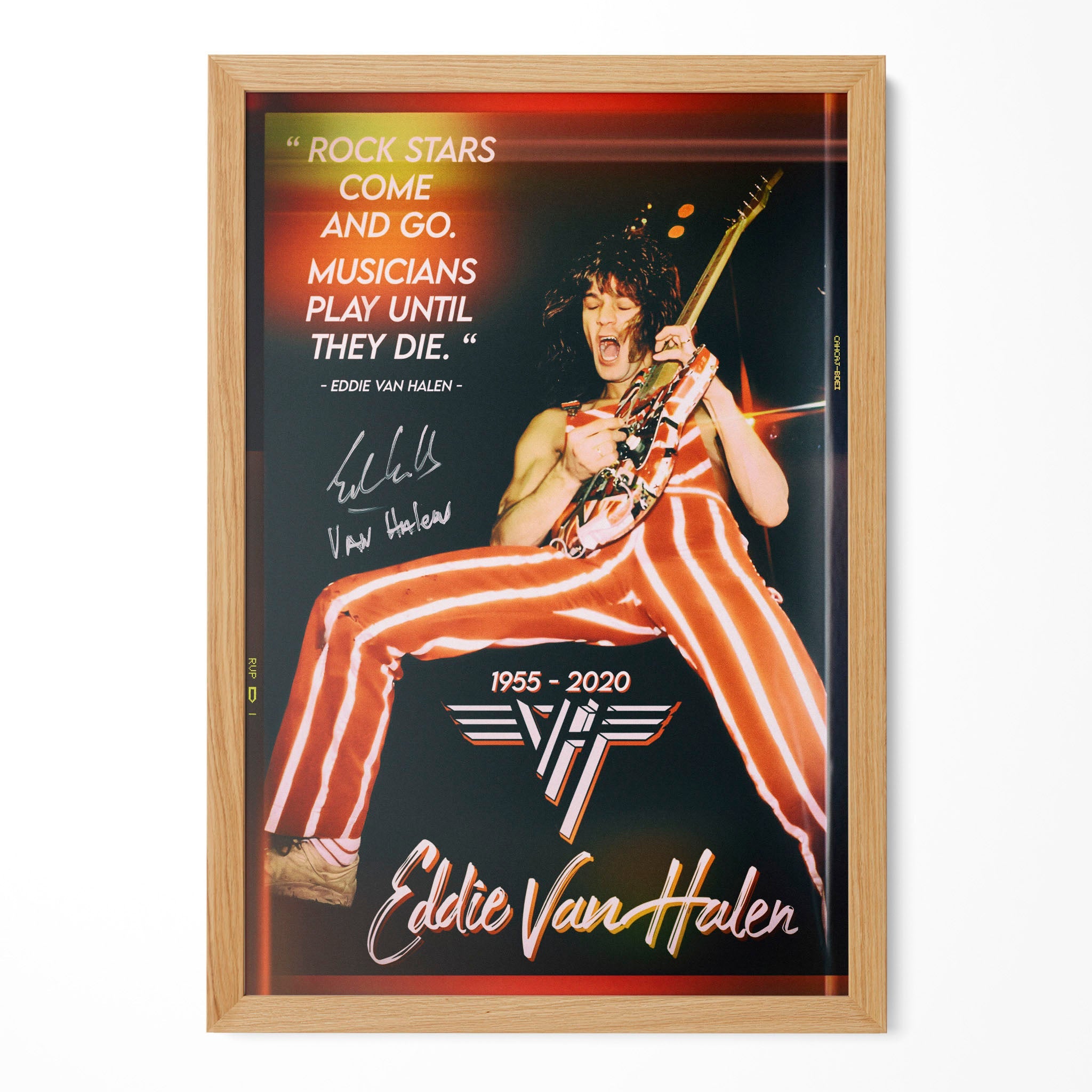 Eddie Van Halen 1982 live color guitar poster in a premium natural oak wood frame by POSTEREVER.