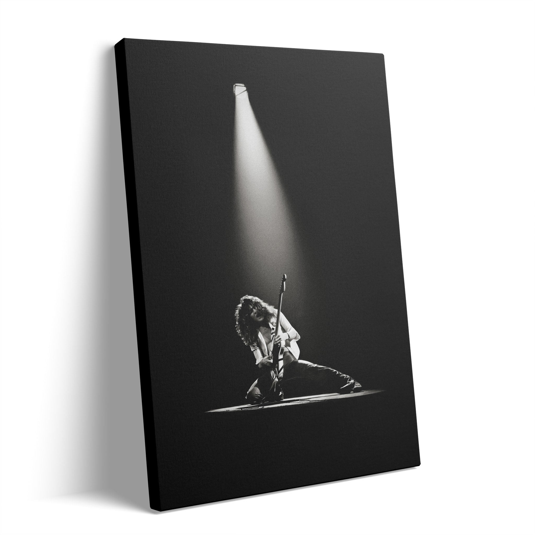 Premium gallery-wrapped black and white canvas print of Eddie Van Halen live at the 1978 Rainbow Theatre.