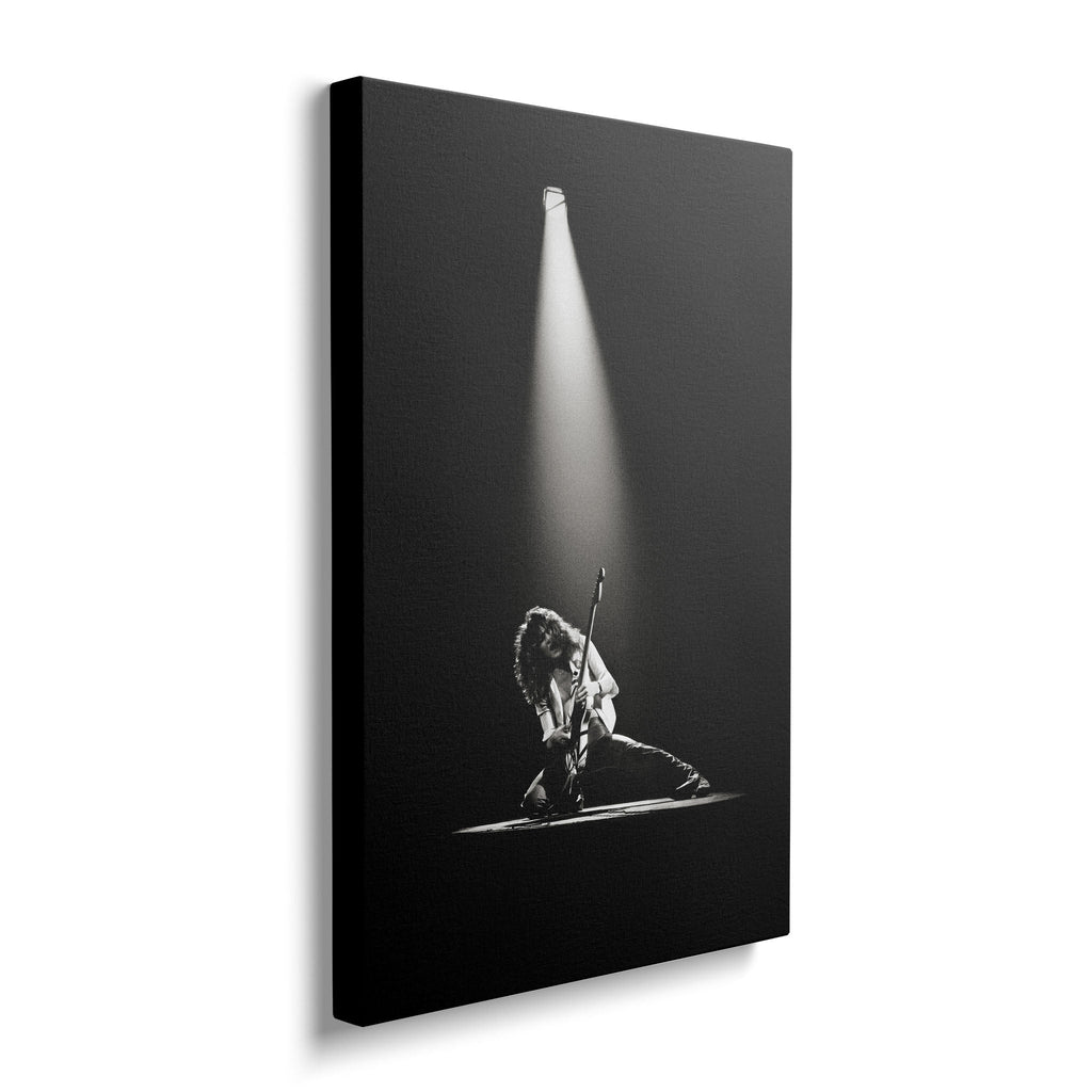 Front view of the heavy-weight black and white canvas wall art print of Eddie Van Halen in 1978.