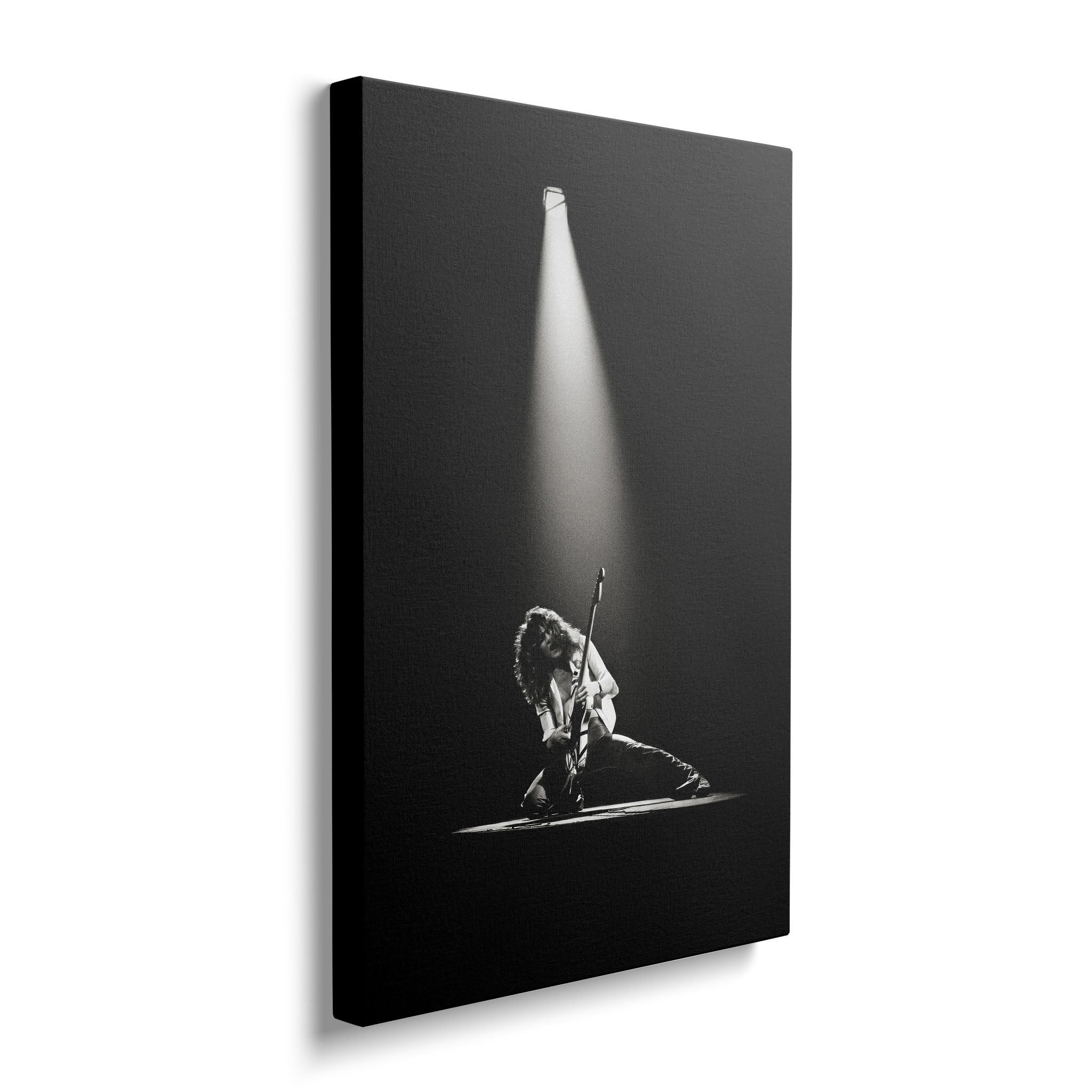 Front view of the heavy-weight black and white canvas wall art print of Eddie Van Halen in 1978.