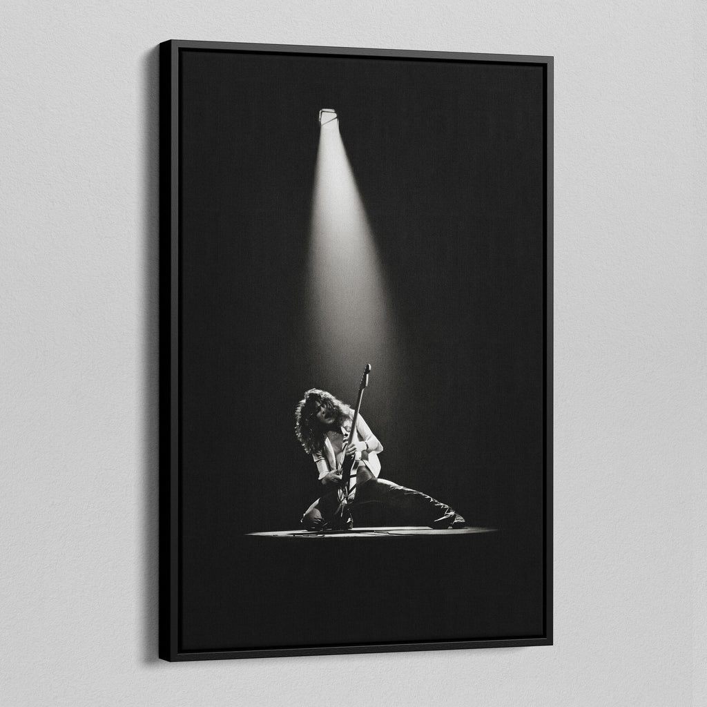 Side angle of the Eddie Van Halen 1978 black and white canvas in a luxury minimalist black floating frame.