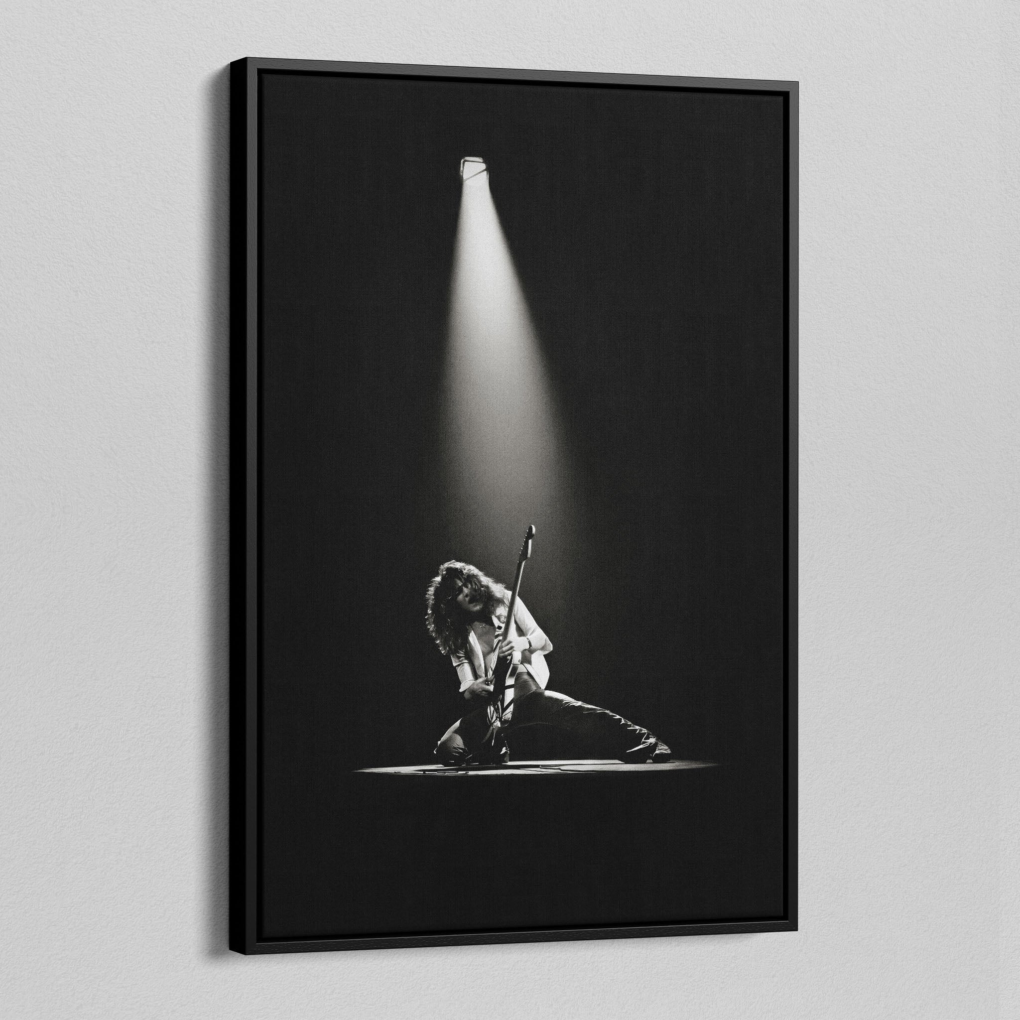 Side angle of the Eddie Van Halen 1978 black and white canvas in a luxury minimalist black floating frame.
