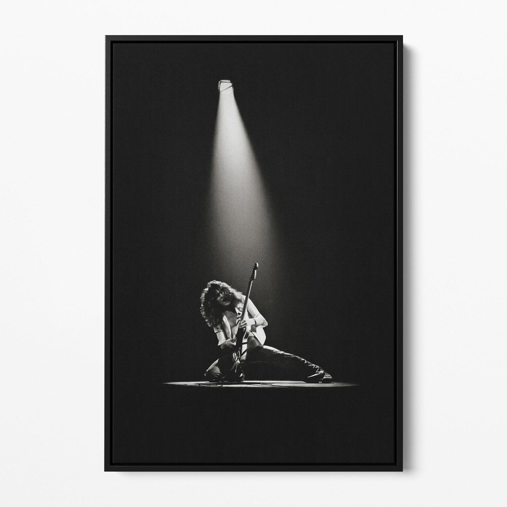 Front view of the Eddie Van Halen 1978 black and white canvas in a sleek black floating frame.