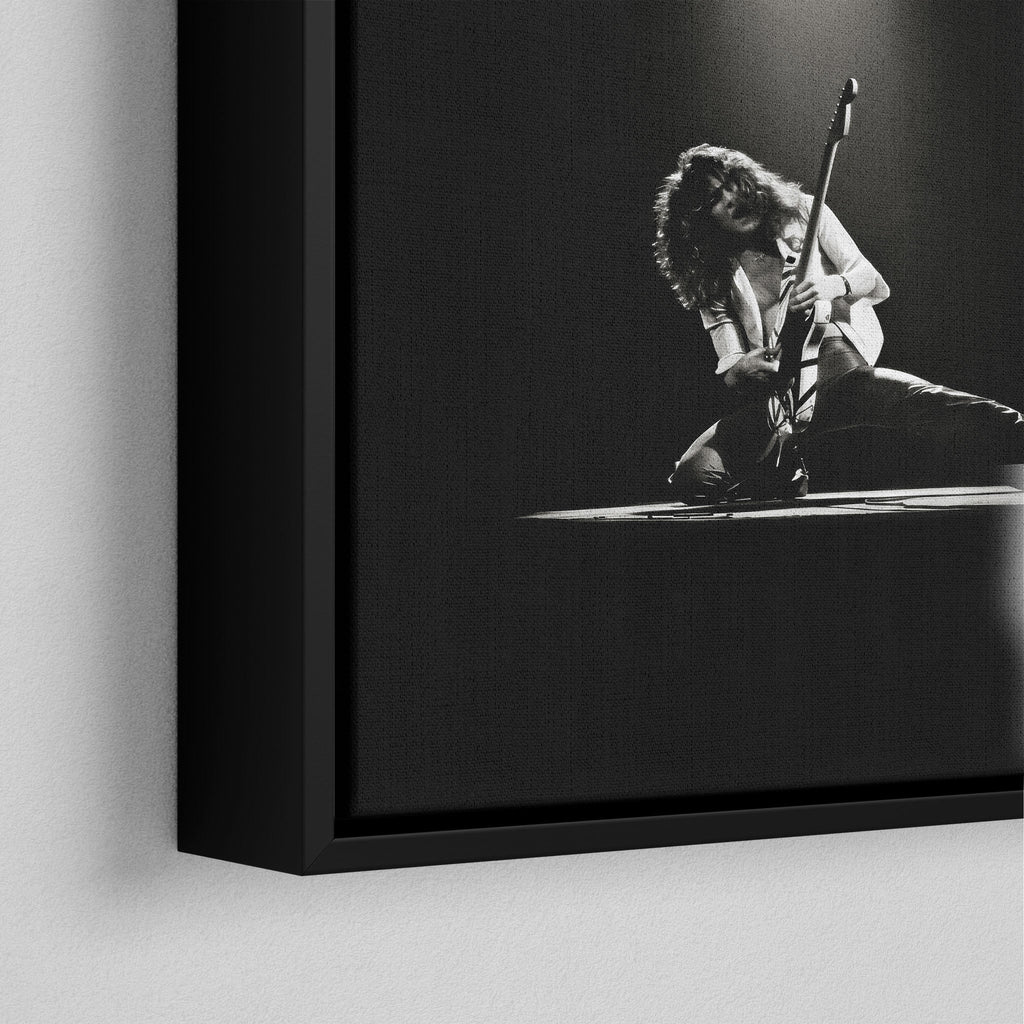 Corner macro of the elegant floating gap and fine finish of the black floating canvas frame.