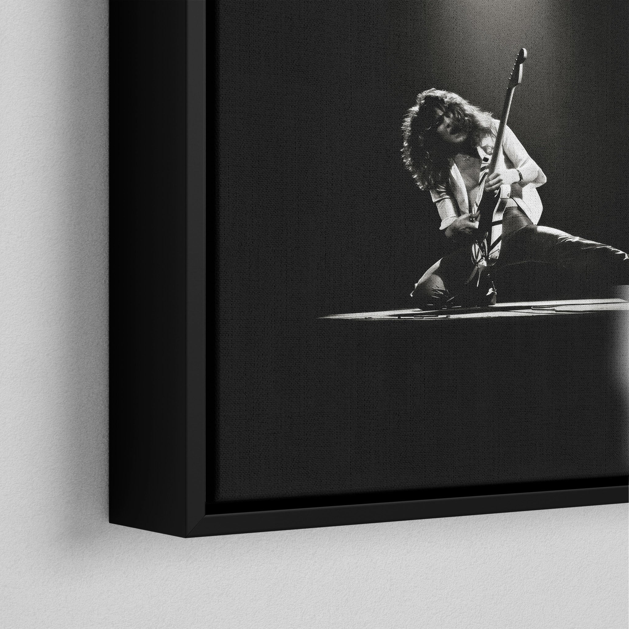 Corner macro of the elegant floating gap and fine finish of the black floating canvas frame.