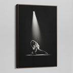 Angled view of the Eddie Van Halen 1978 black and white canvas in a sophisticated dark walnut floating frame.