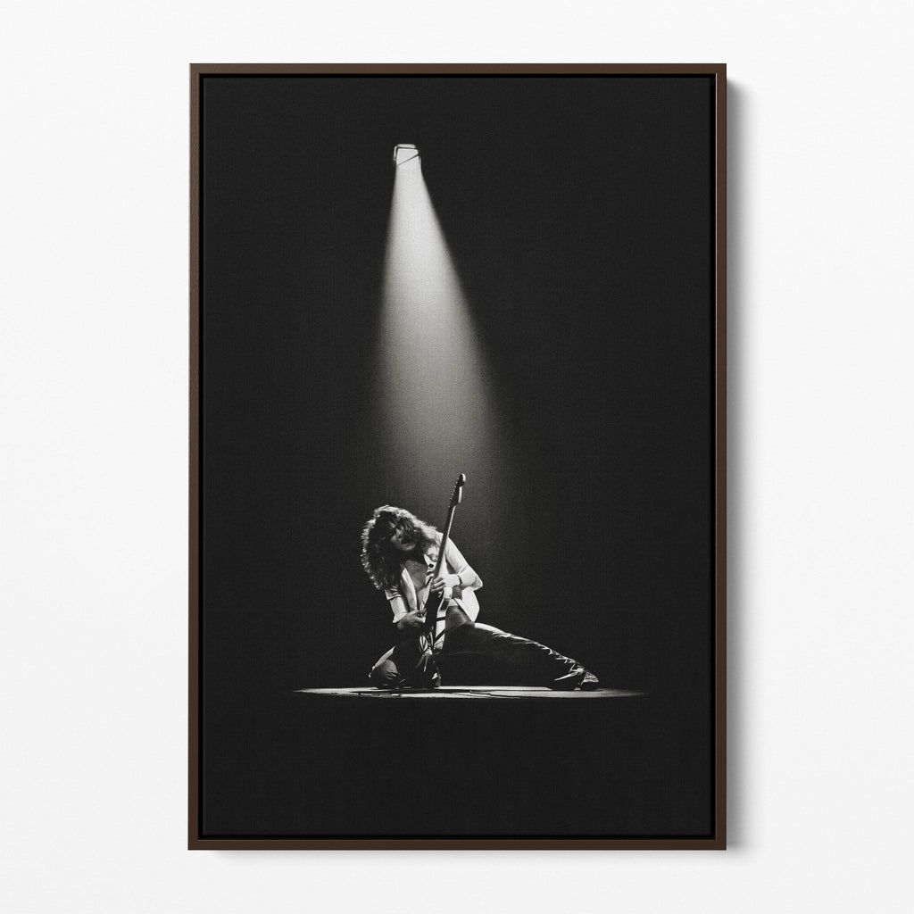 Front display of the Eddie Van Halen 1978 black and white canvas in a premium dark walnut floating frame.