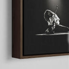 Corner close-up showing the rich grain and joinery of the dark walnut floating canvas frame.