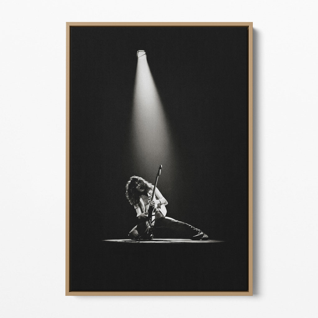 Front display of the Eddie Van Halen 1978 black and white canvas in a premium natural wood floating frame.