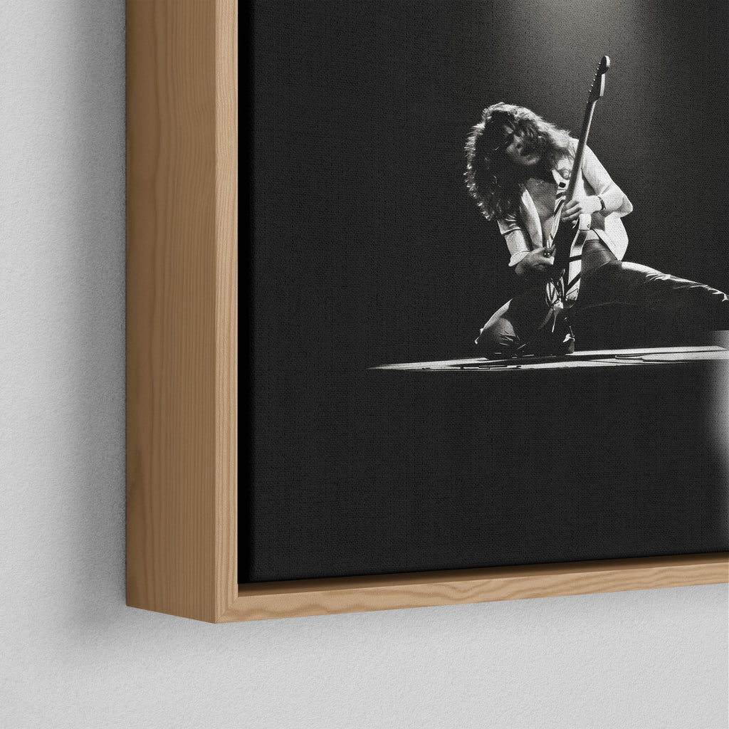 Corner close-up of the floating gap and grain texture of the natural wood canvas frame.