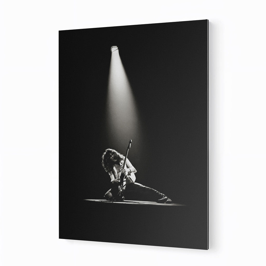 Premium black and white metal print of Eddie Van Halen at the 1978 Rainbow Theatre on an industrial-grade aluminum panel.