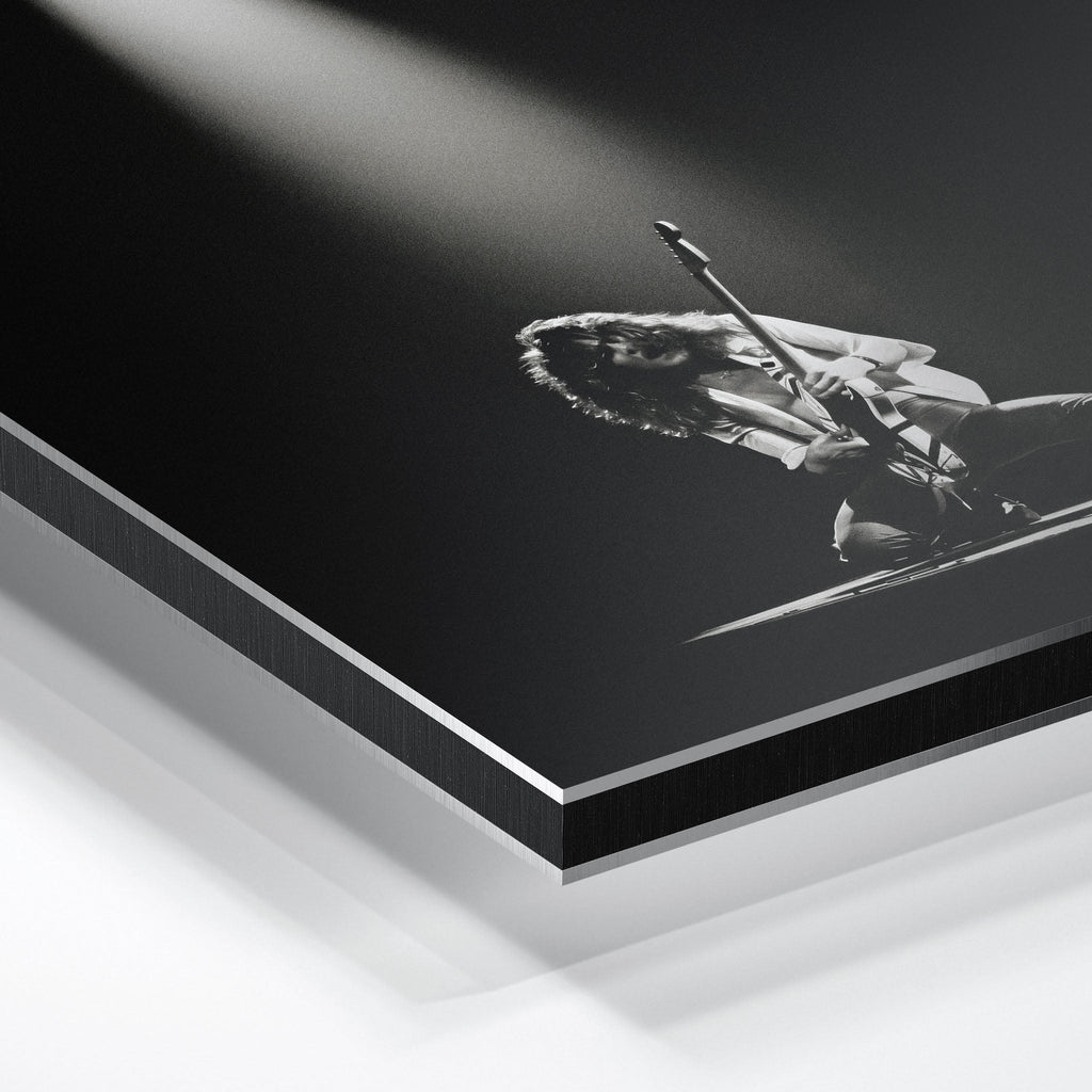 Macro close-up of the ultra-thin aluminum DIBOND panel edge of the Eddie Van Halen black and white metal print.