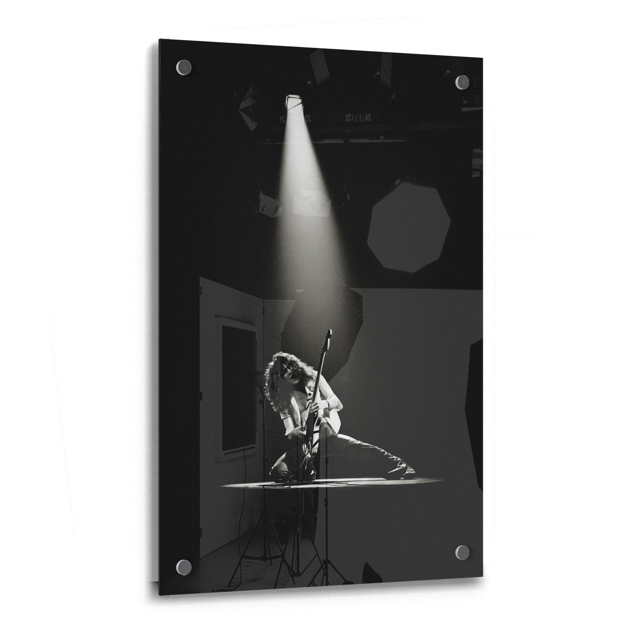 Crystal-clear acrylic glass black and white art print of Eddie Van Halen 1978 with polished edges.