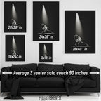Eddie Van Halen 1978 black and white wall art size comparison chart shown above an average 90-inch three-seater sofa.