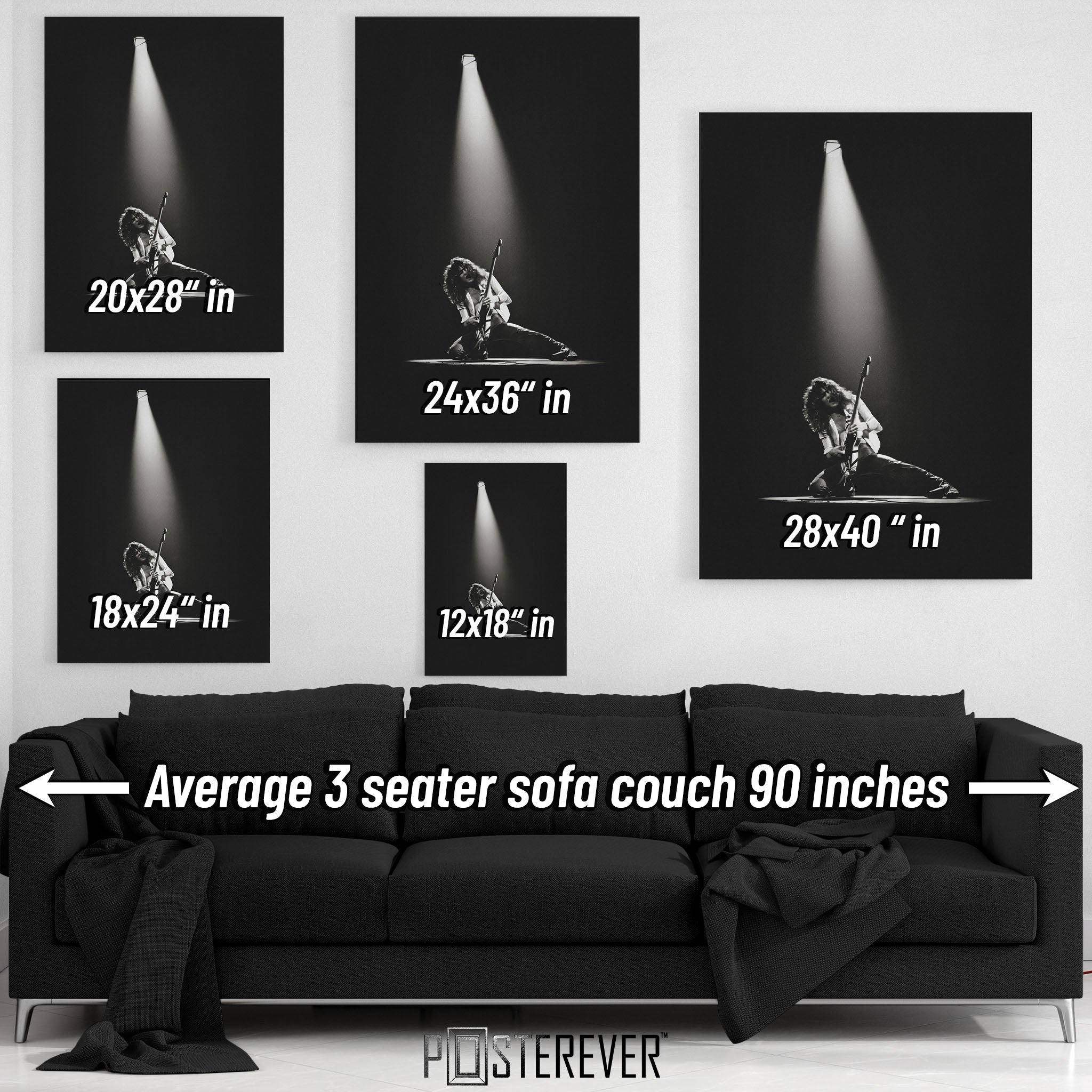 Eddie Van Halen 1978 black and white wall art size comparison chart shown above an average 90-inch three-seater sofa.