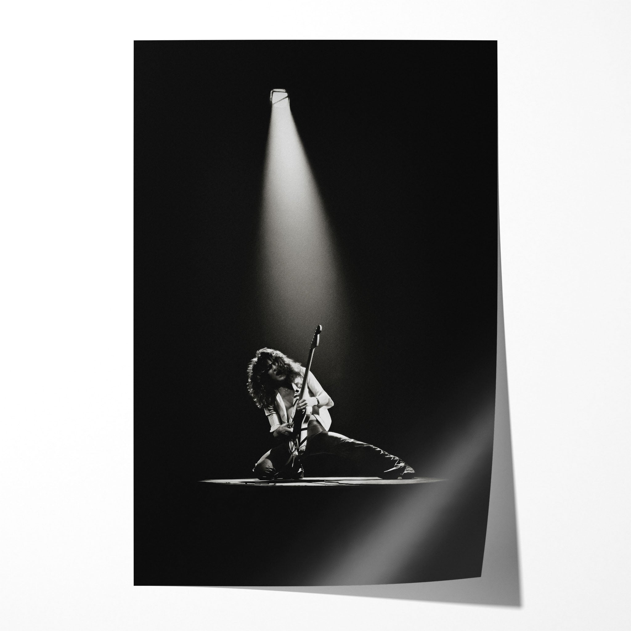 Unframed black and white Eddie Van Halen 1978 live concert poster print with film-era clarity and a realistic paper drop shadow.