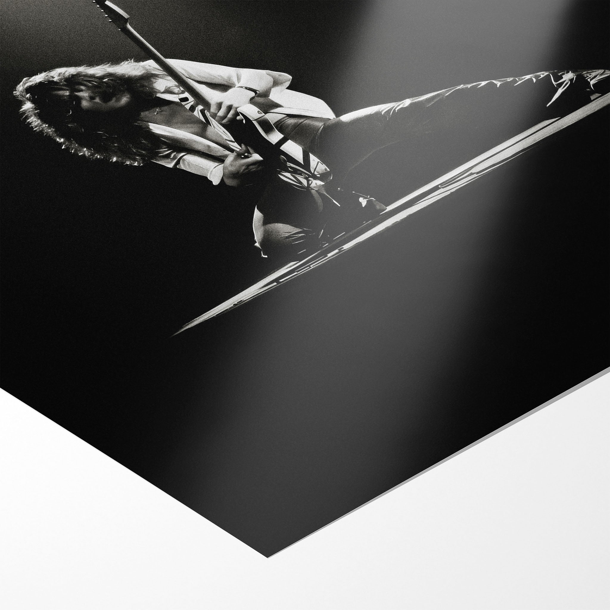 Front close-up showing the sharp detail and matte finish of the unframed Eddie Van Halen 1978 black and white art print.