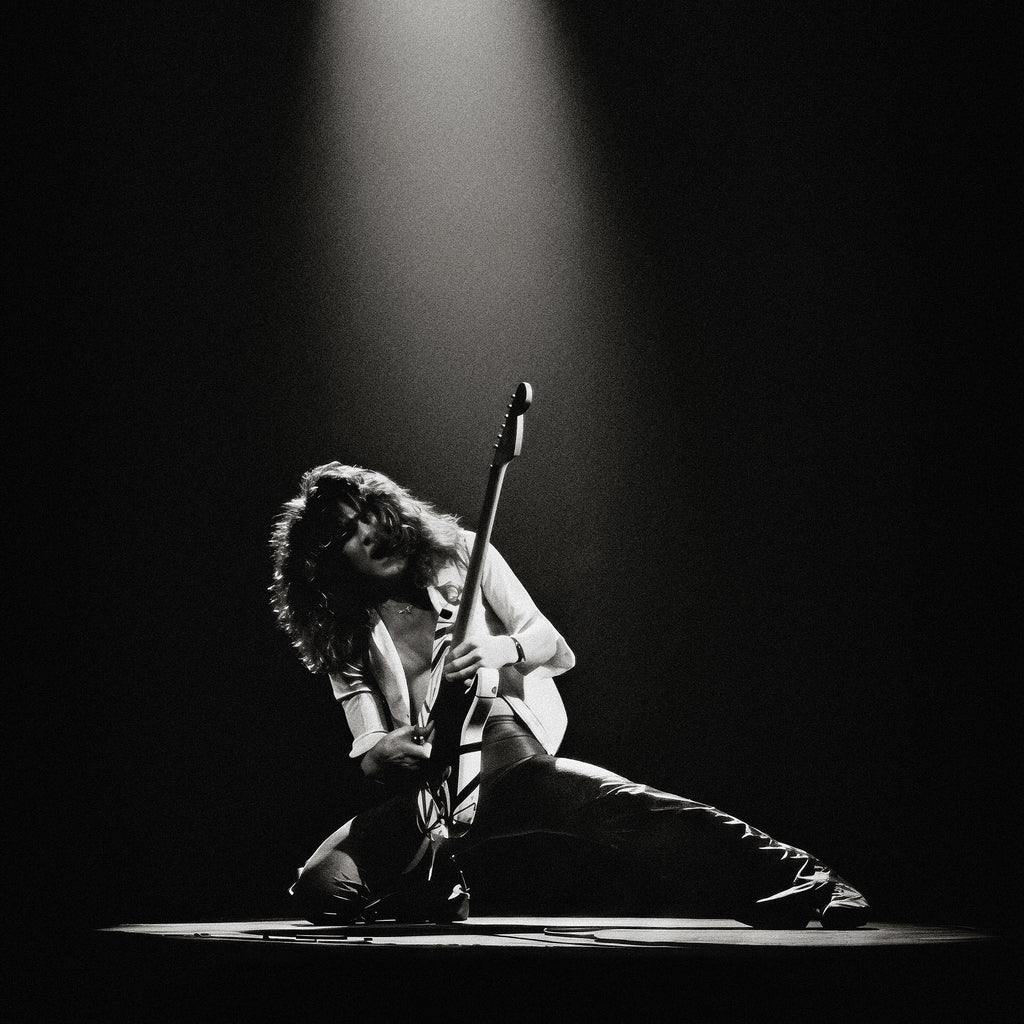 Medium zoom highlighting the rich monochrome contrast of the Eddie Van Halen 1978 Rainbow Theatre fine art print.
