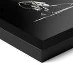 Detailed corner close-up of the premium black wooden frame holding the Eddie Van Halen 1978 black and white rock poster.