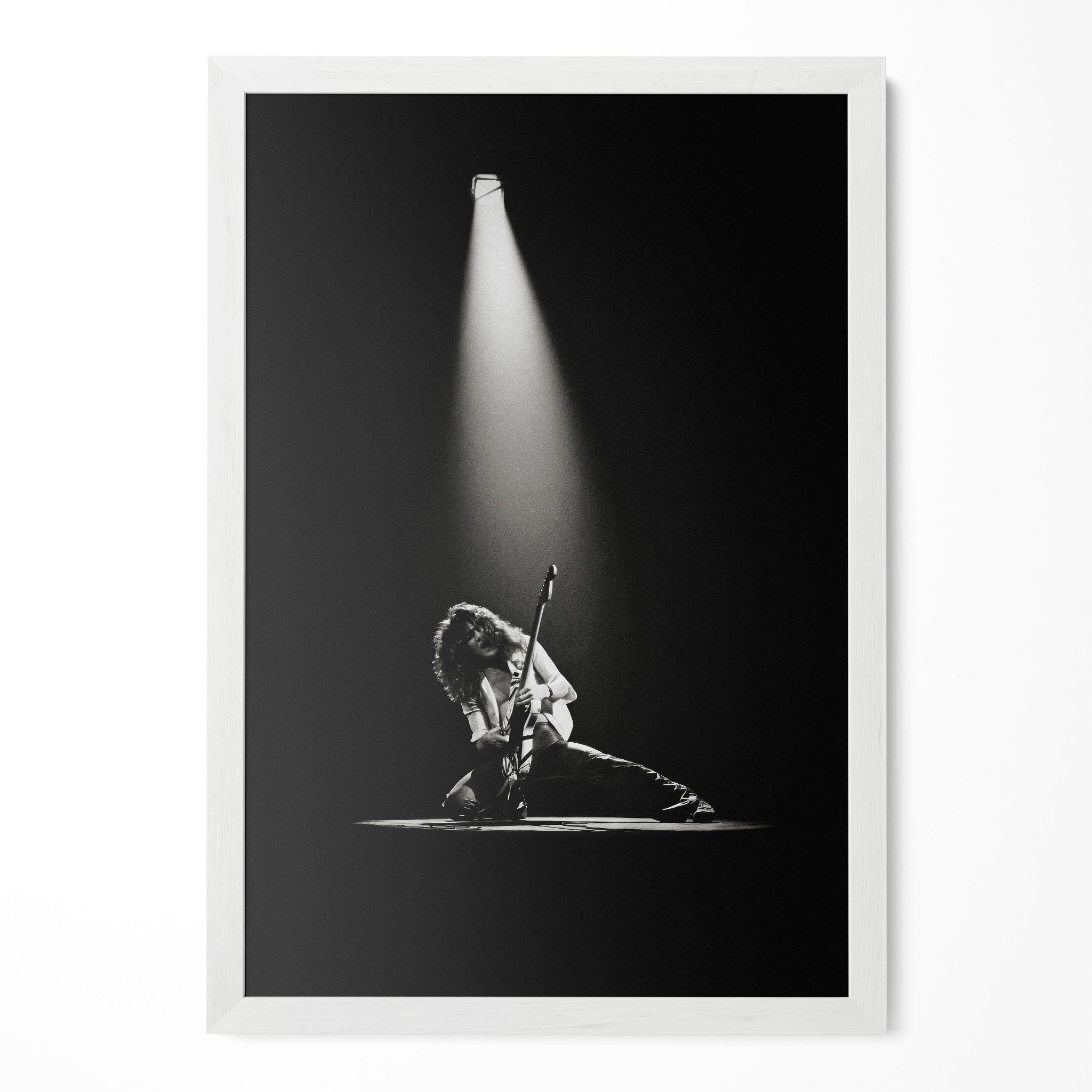 Eddie Van Halen 1978 Rainbow Theatre black and white poster in a modern minimalist white wooden frame by POSTEREVER.