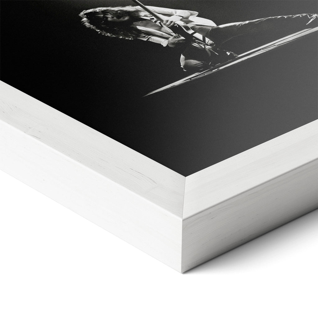 Corner close-up revealing the clean wood grain of the white framed Eddie Van Halen 1978 black and white art print.