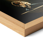 Corner close-up highlighting the natural oak finish of the framed Eddie Van Halen 1978 colorized poster.
