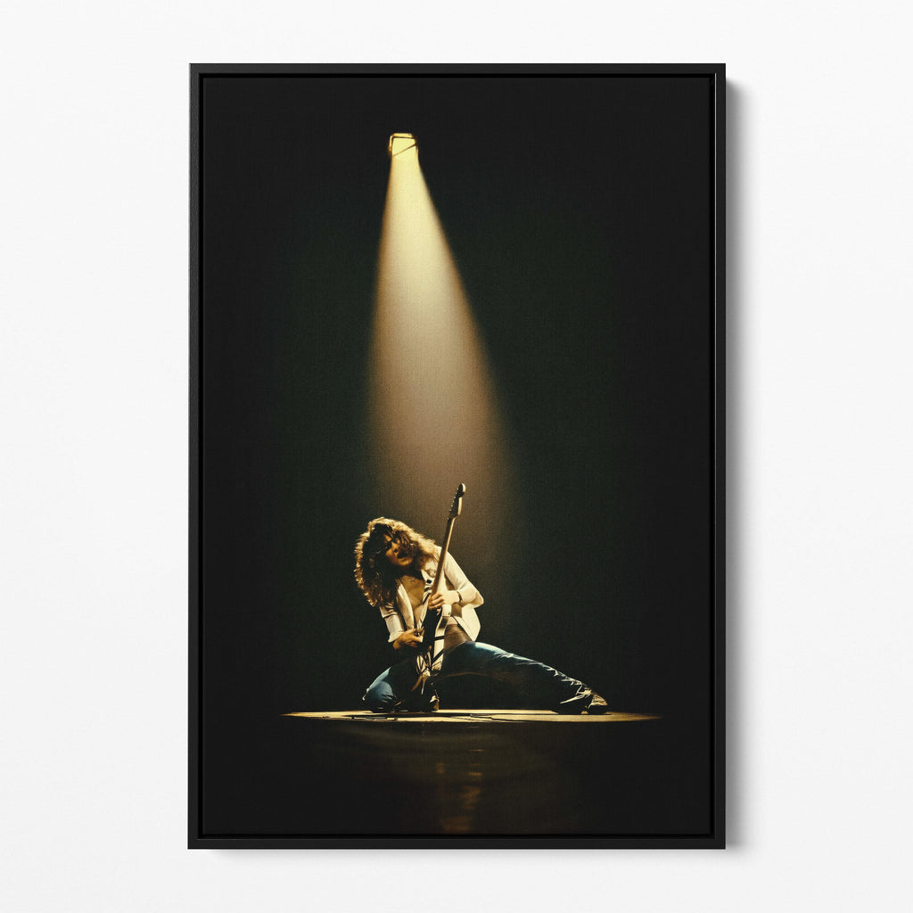 Front view of the Eddie Van Halen 1978 colorized canvas in a sleek black floating frame.