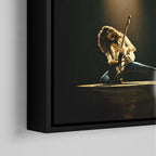 Corner macro of the elegant floating gap and fine finish of the black floating canvas frame.