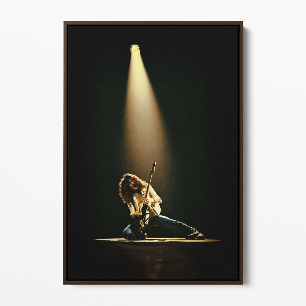 Front display of the Eddie Van Halen 1978 colorized canvas in a premium dark walnut floating frame.