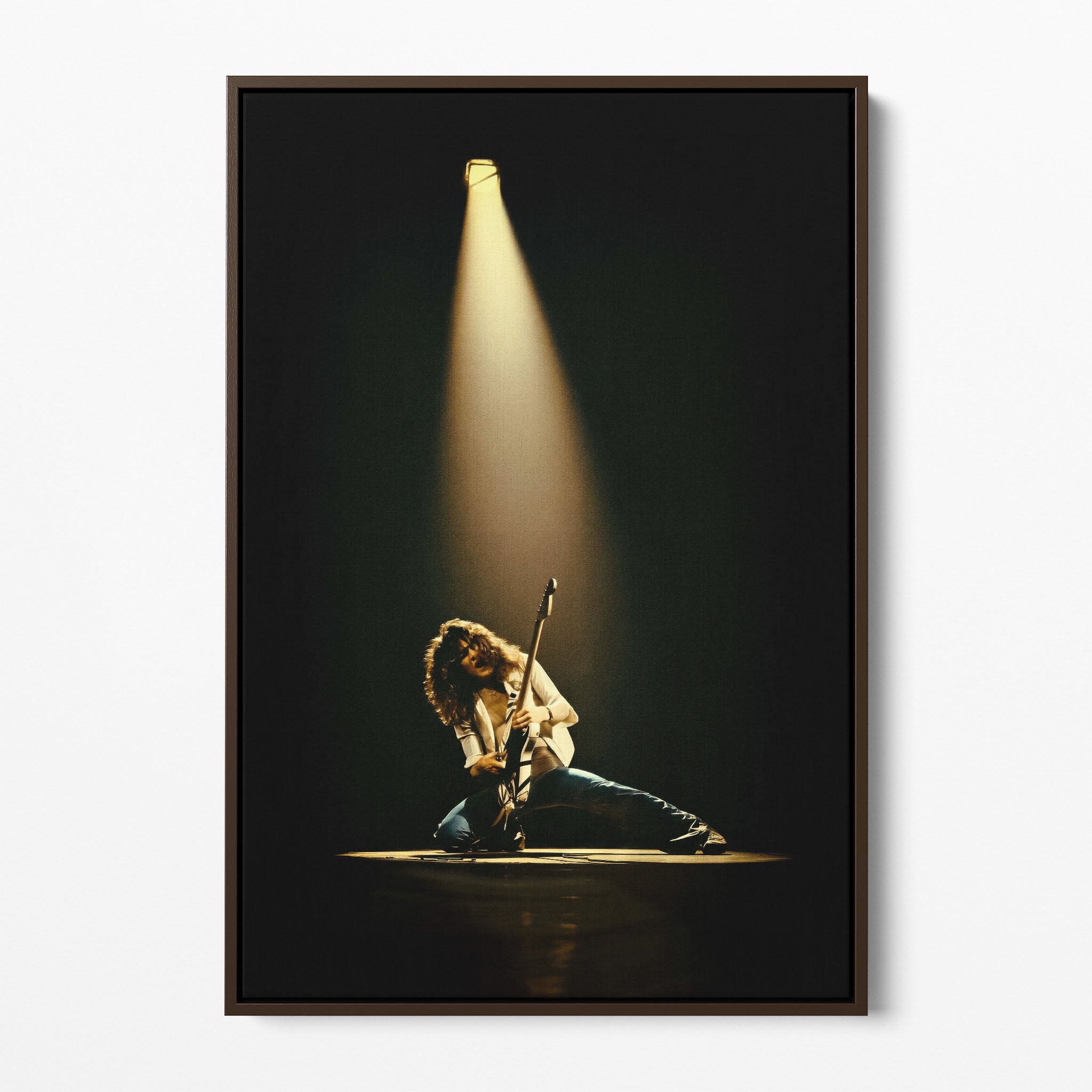 Front display of the Eddie Van Halen 1978 colorized canvas in a premium dark walnut floating frame.